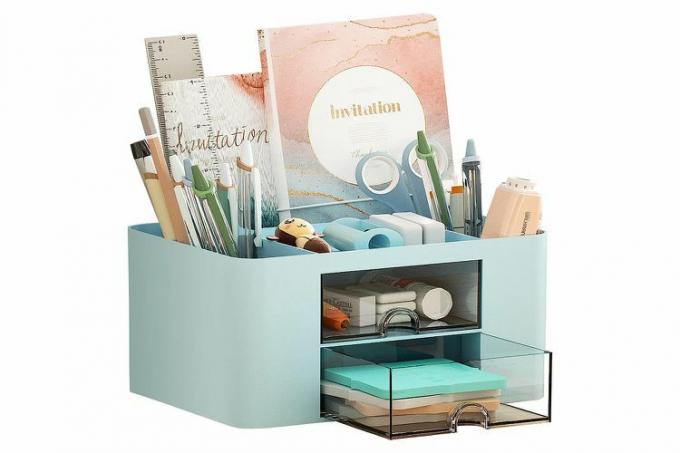 Amazon Marbrasse Pen Organizer med 2 skuffer, multifunksjonell blyantholder for skrivebord, skrivebordsorganisering og tilbehør med 5 rom + skuff for kontorartikler