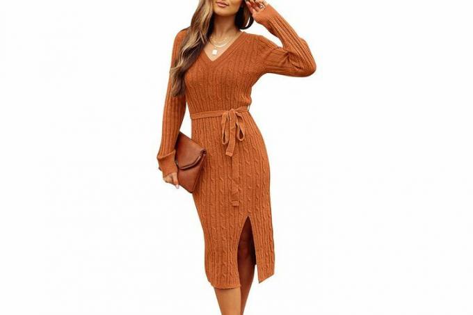 Amazon MEROKEETY Dame V-hals Kabelstrikket Genser Kjole Langermet Bodycon Spalt Pullover Midikjole med belte