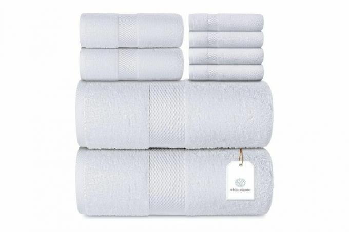 Amazon Luxury White badehåndklesett - kjemmet bomull hotellkvalitetsabsorberende 8-delers håndklær | 2 badehåndklær 700GSM | 2 håndklær | 4 vaskekluter [Verdt $72,95] 8 stk | Hvit