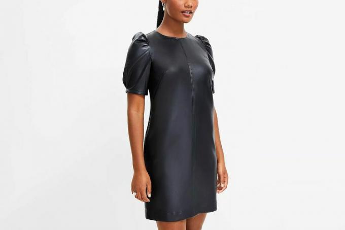 LOFT Faux Leather Ruched Sleeve Shift Dress