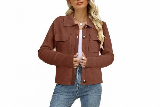 Amazon Langermet genser for kvinner Cardigan Collared Button Up Åpen foran Høst Vinter Strikk Blazer Shacket Jakke med lommer