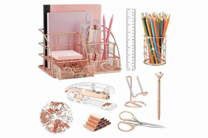 Amazon KAAKOW Rose Gold Skrivebordsorganisatorer og tilbehør Sett med kontorrekvisita Stiftemaskin, pennholder, telefonholder, saks, penn, linjal, 30 binders, 22 bindeklips, 20 stifter og 1000 stk.