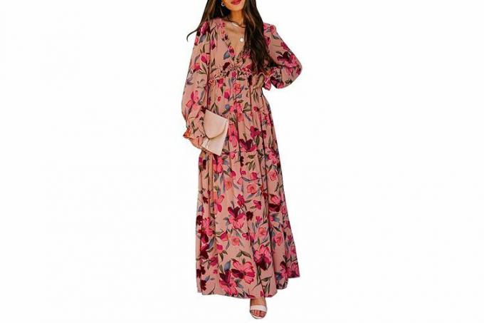 BLENCOT Dame Casual Floral Dyp V-hals Langermet Lang Kveldskjole