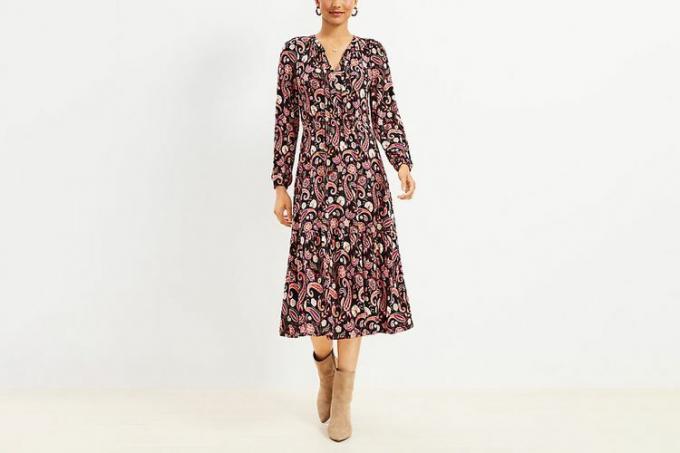 LOFT Paisley Tiered Tie Neck Midi-kjole