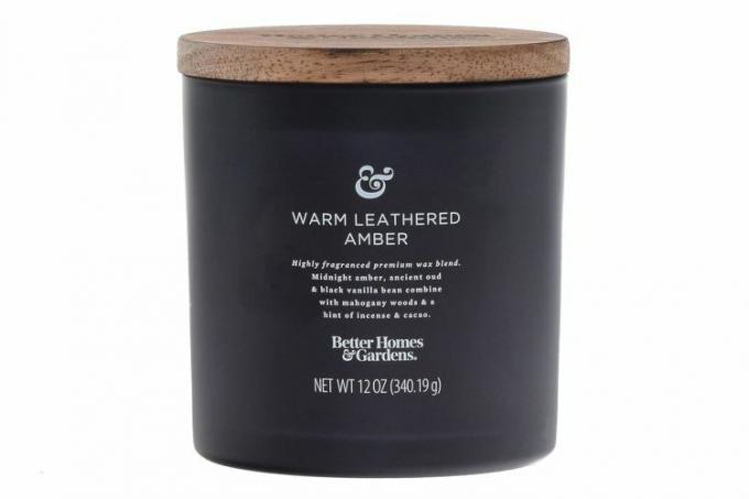 Walmart Better Homes & Gardens 12 oz varmt lærfarget ravduftende 2-Wick Frosted Jar Candle