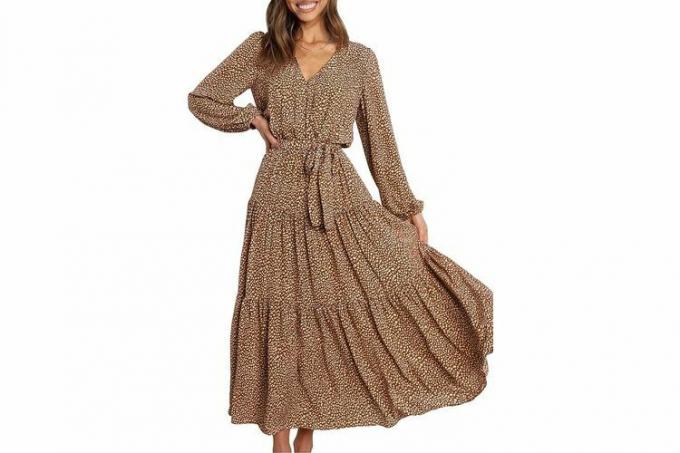 Amazon PRETTYGARDEN Langermet V-hals, leopardtrykk, volang maxi-kjole, knyte midje Boho Chiffon, flytende lang kjole