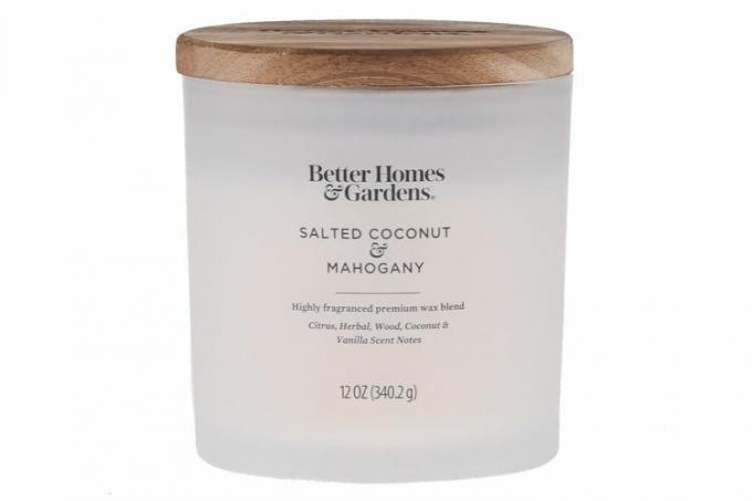 Walmart Better Homes & Gardens 12 oz saltet kokosnøtt og mahogni duftende 2-Wick Frosted Jar Candle