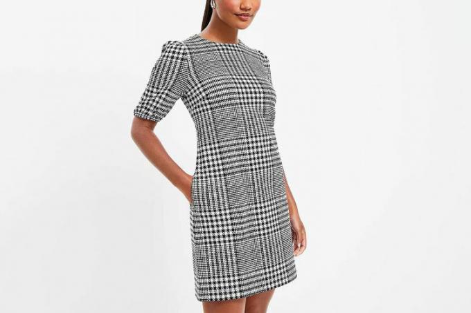 LOFT Houndstooth Puff Sleeve Pocket Dress